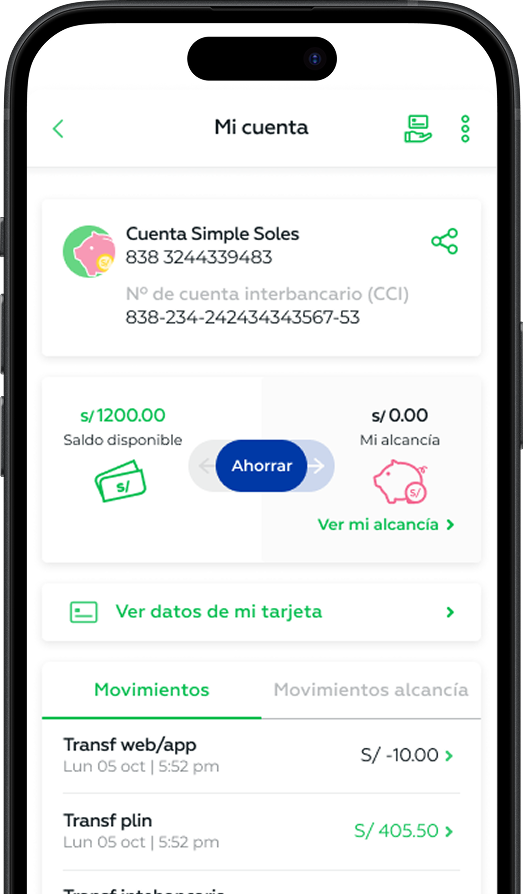 Interbank app account screen showing the available balance and the Alcancía balance