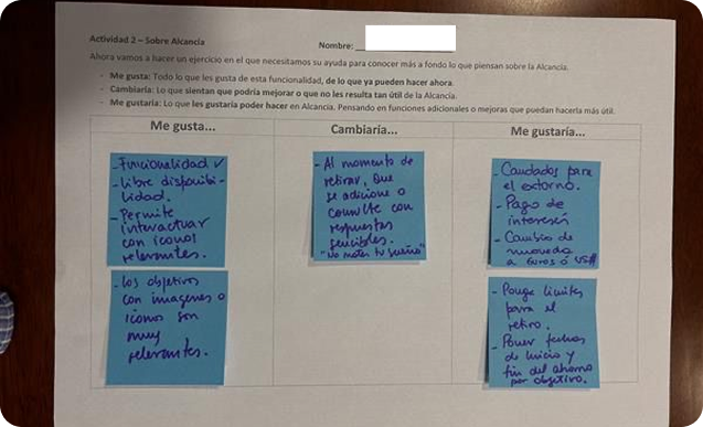 Workshop worksheet with sticky notes under the headings Like, Would change and Would like