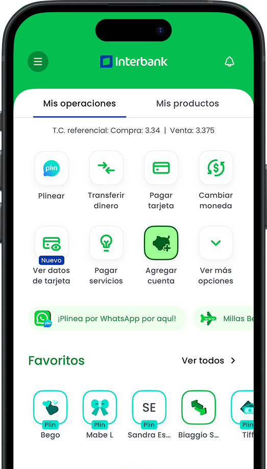 Redesigned Interbank app Home screen with operations and products tabs